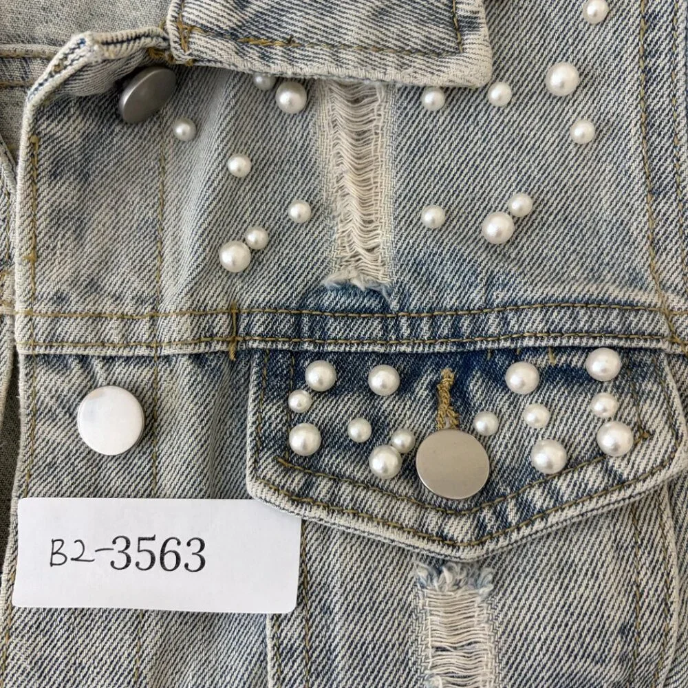 Ebossy Denim Vest Faux Pearl Womens Medium Blue Light Wash Denim Distressed